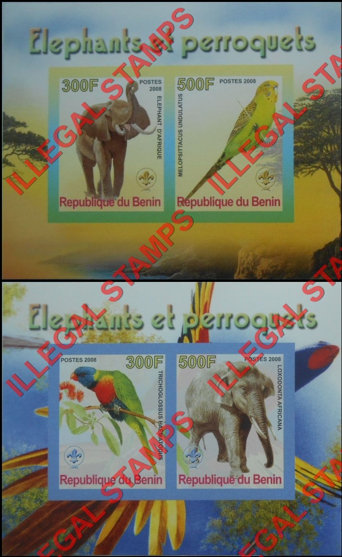Benin 2008 Elephants and Parrots Illegal Stamp Souvenir Sheets of 2 Benin 2008 Elephants and Parrots Illegal Stamp Souvenir Sheets of 2