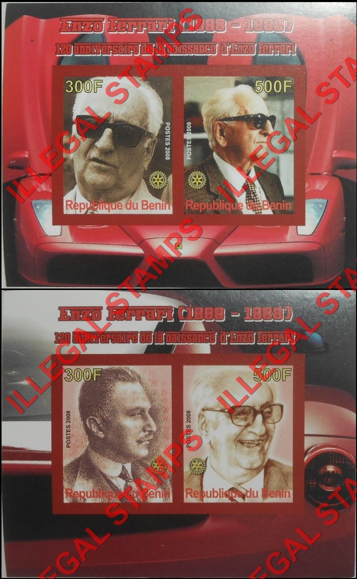Benin 2008 Ferrari Illegal Stamp Souvenir Sheets of 2 Benin 2008 Ferrari Illegal Stamp Souvenir Sheets of 2