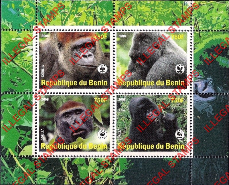 Benin 2008 Gorillas Illegal Stamp Souvenir Sheet of 4 Benin 2008 Gorillas Illegal Stamp Souvenir Sheet of 4