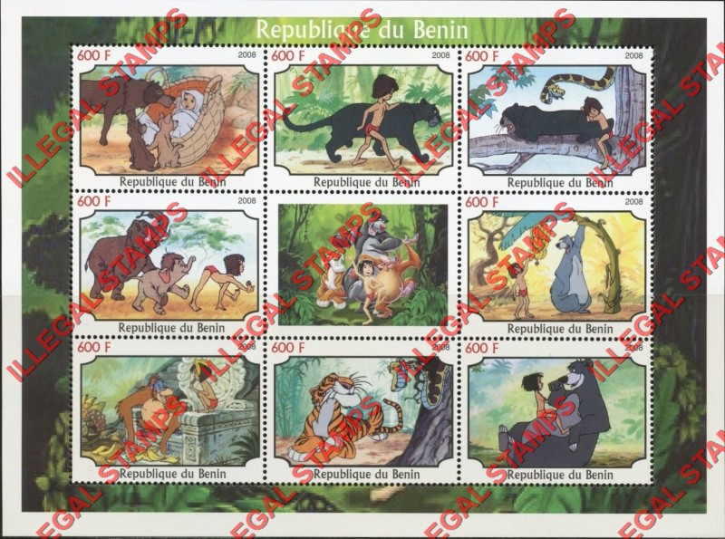 Benin 2008 Jungle Book Illegal Stamp Sheetlet of 9 Benin 2008 Jungle Book Illegal Stamp Sheetlet of 9