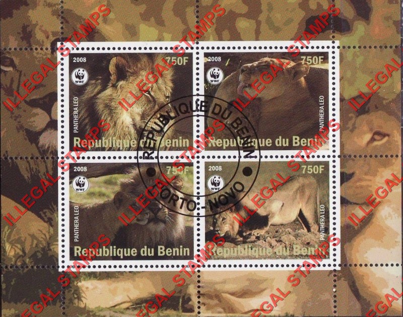 Benin 2008 Lions Illegal Stamp Souvenir Sheet of 4 Benin 2008 Lions Illegal Stamp Souvenir Sheet of 4