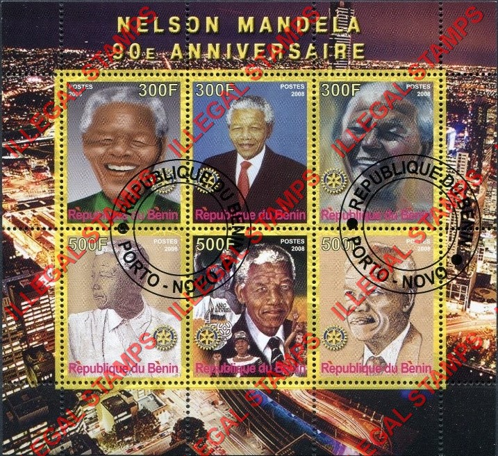 Benin 2008 Mandela Illegal Stamp Souvenir Sheet of 6 Benin 2008 Mandela Illegal Stamp Souvenir Sheet of 6