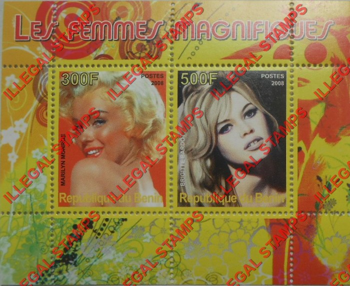 Benin 2008 Marilyn Monroe and Brigitte Bardot Illegal Stamp Souvenir Sheet of 2 Benin 2008 Marilyn Monroe and Brigitte Bardot Illegal Stamp Souvenir Sheet of 2
