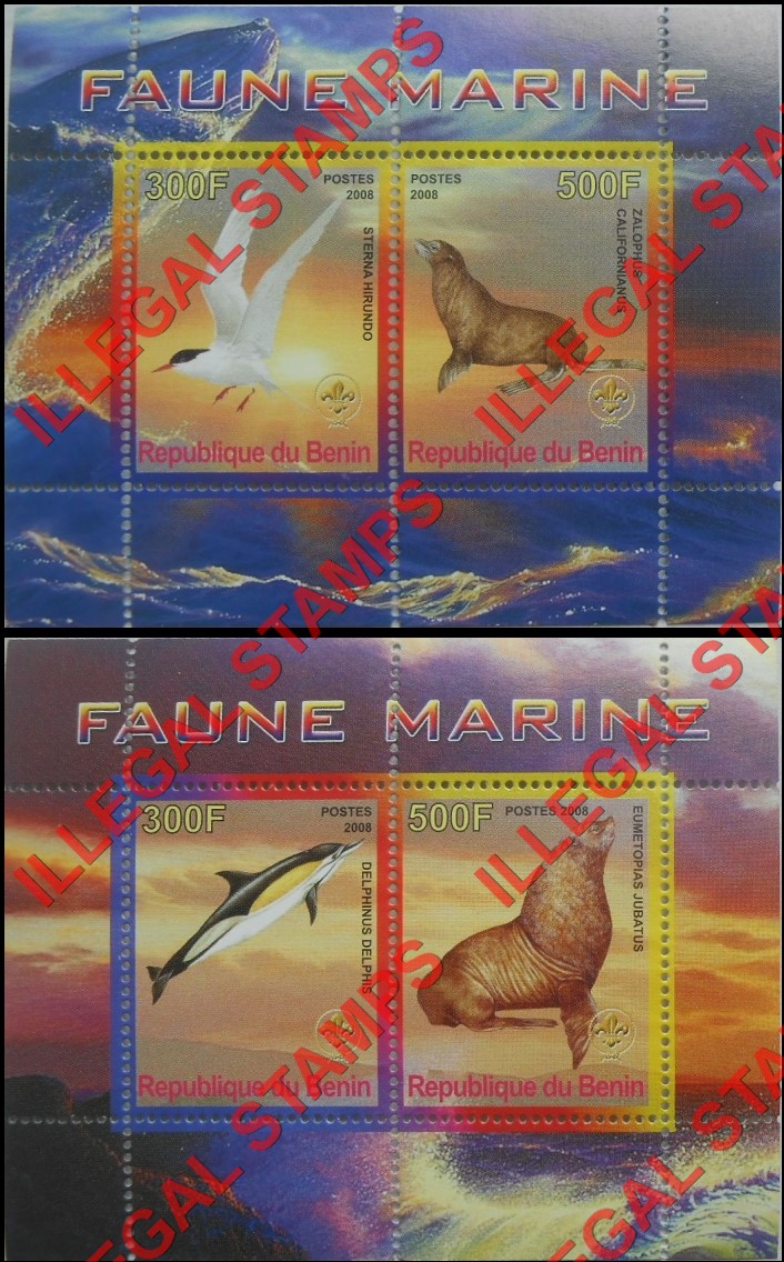 Benin 2008 Marine Fauna Illegal Stamp Souvenir Sheets of 2 Benin 2008 Marine Fauna Illegal Stamp Souvenir Sheets of 2