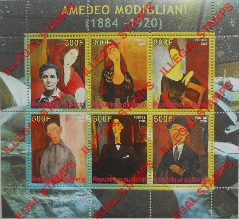 Benin 2008 Modigliani Illegal Stamp Souvenir Sheet of 6 Benin 2008 Modigliani Illegal Stamp Souvenir Sheet of 6