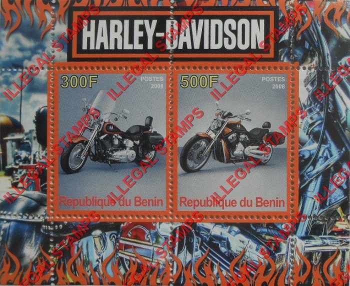 Benin 2008 Motorcycles Harley Davidson Illegal Stamp Souvenir Sheet of 2 Benin 2008 Motorcycles Harley Davidson Illegal Stamp Souvenir Sheet of 2