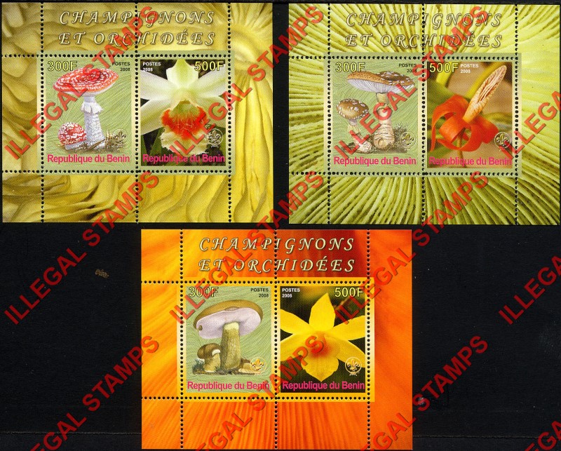 Benin 2008 Mushrooms and Orchids Illegal Stamp Souvenir Sheets of 2 Benin 2008 Mushrooms and Orchids Illegal Stamp Souvenir Sheets of 2