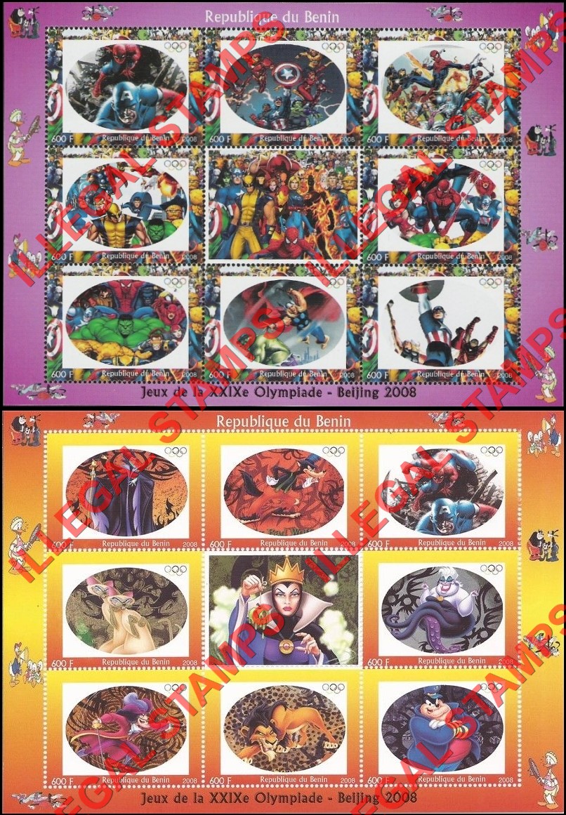 Benin 2008 Olympic Games Comic Book Heroes Illegal Stamp Sheetlets of 9 Benin 2008 Olympic Games Comic Book Heroes Illegal Stamp Sheetlets of 9