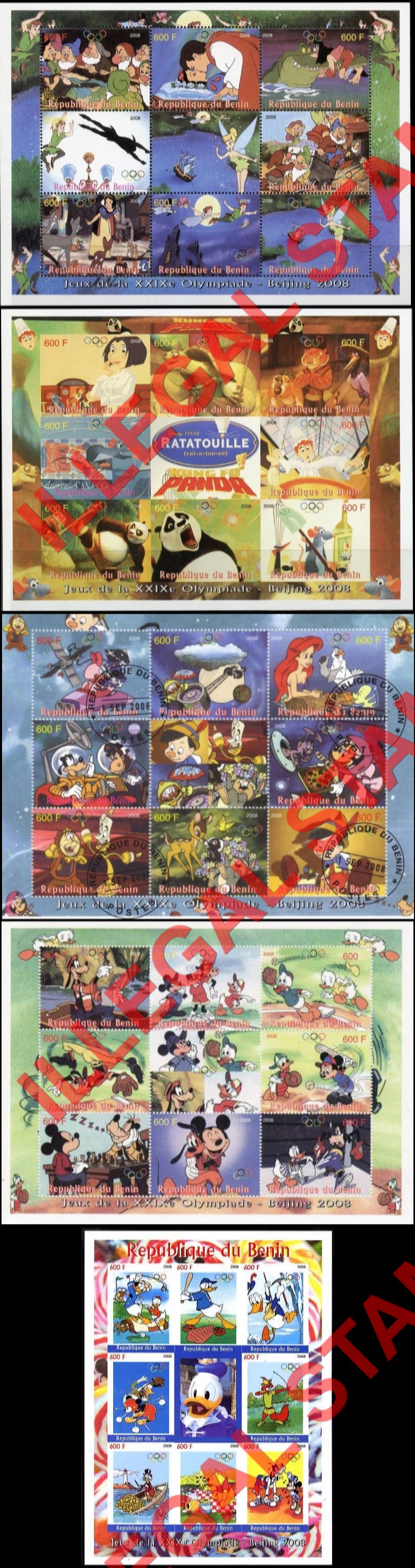 Benin 2008 Olympic Games Disney Cartoons Illegal Stamp Sheetlets of 9 Benin 2008 Olympic Games Disney Cartoons Illegal Stamp Sheetlets of 9