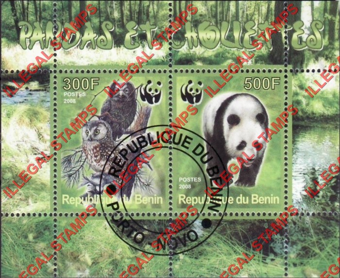 Benin 2008 Pandas and Owls Illegal Stamp Souvenir Sheet of 2 Benin 2008 Pandas and Owls Illegal Stamp Souvenir Sheet of 2