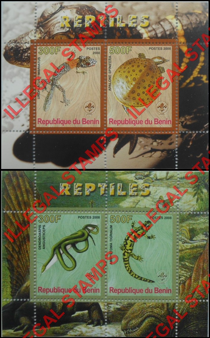 Benin 2008 Reptiles Illegal Stamp Souvenir Sheets of 2 Benin 2008 Reptiles Illegal Stamp Souvenir Sheets of 2