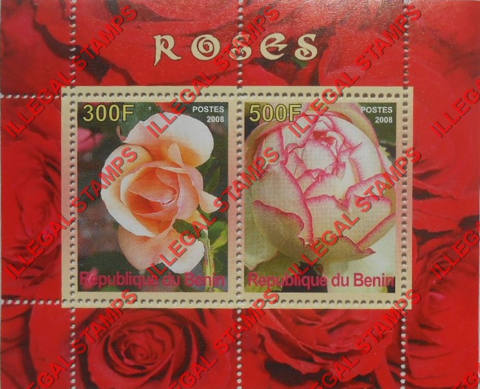 Benin 2008 Roses Illegal Stamp Souvenir Sheet of 2 Benin 2008 Roses Illegal Stamp Souvenir Sheet of 2