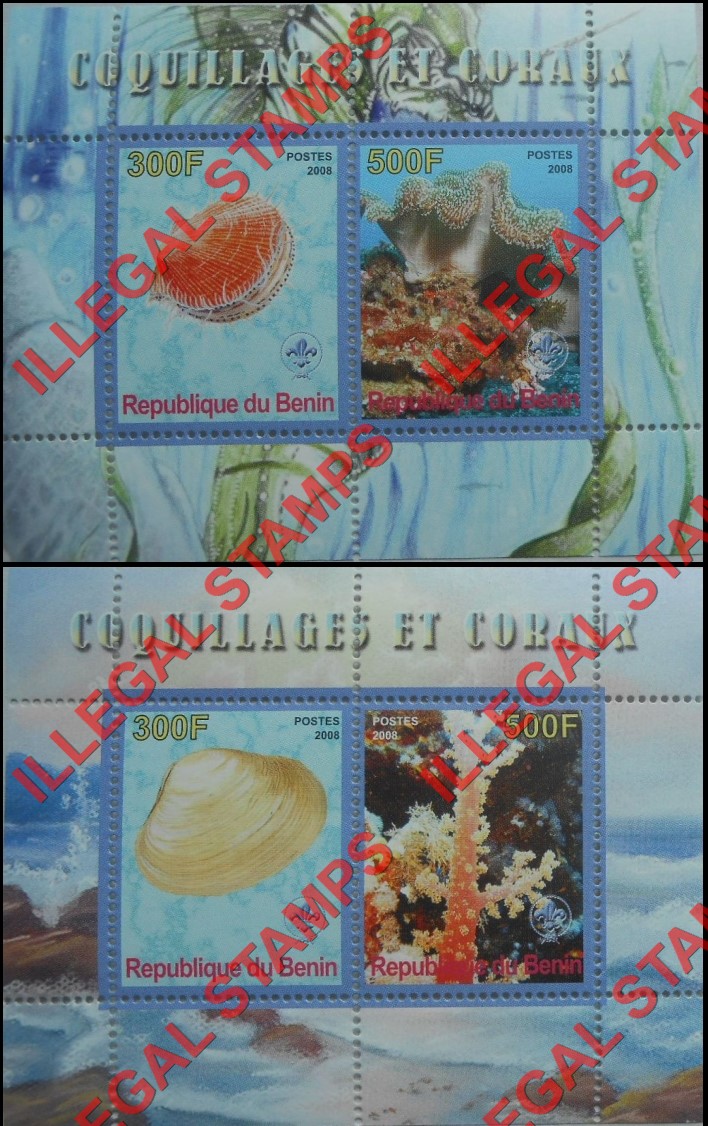 Benin 2008 Shells and Coral Illegal Stamp Souvenir Sheets of 2 Benin 2008 Shells and Coral Illegal Stamp Souvenir Sheets of 2