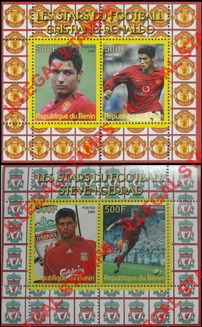 Benin 2008 Soccer Stars Illegal Stamp Souvenir Sheets of 2 Benin 2008 Soccer Stars Illegal Stamp Souvenir Sheets of 2