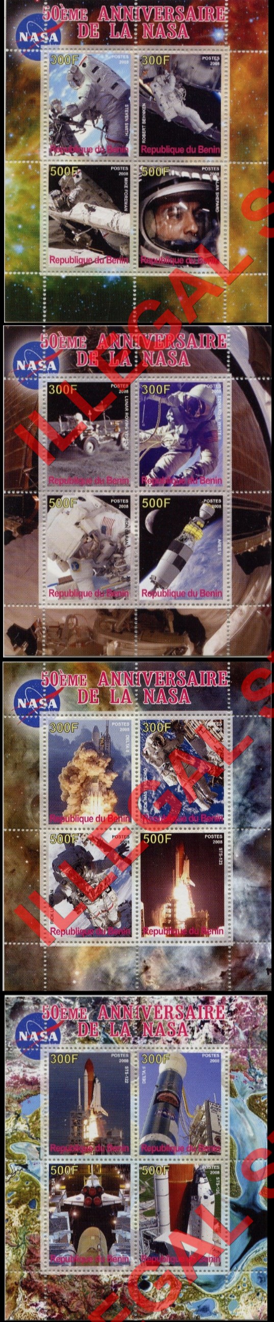 Benin 2008 Space NASA Illegal Stamp Souvenir Sheets of 4 Benin 2008 Space NASA Illegal Stamp Souvenir Sheets of 4