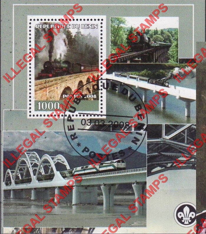 Benin 2008 Trains Illegal Stamp Souvenir Sheet of 1 Benin 2008 Trains Illegal Stamp Souvenir Sheet of 1