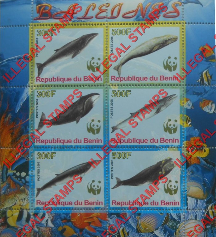 Benin 2008 Whales Illegal Stamp Souvenir Sheet of 6 Benin 2008 Whales Illegal Stamp Souvenir Sheet of 6