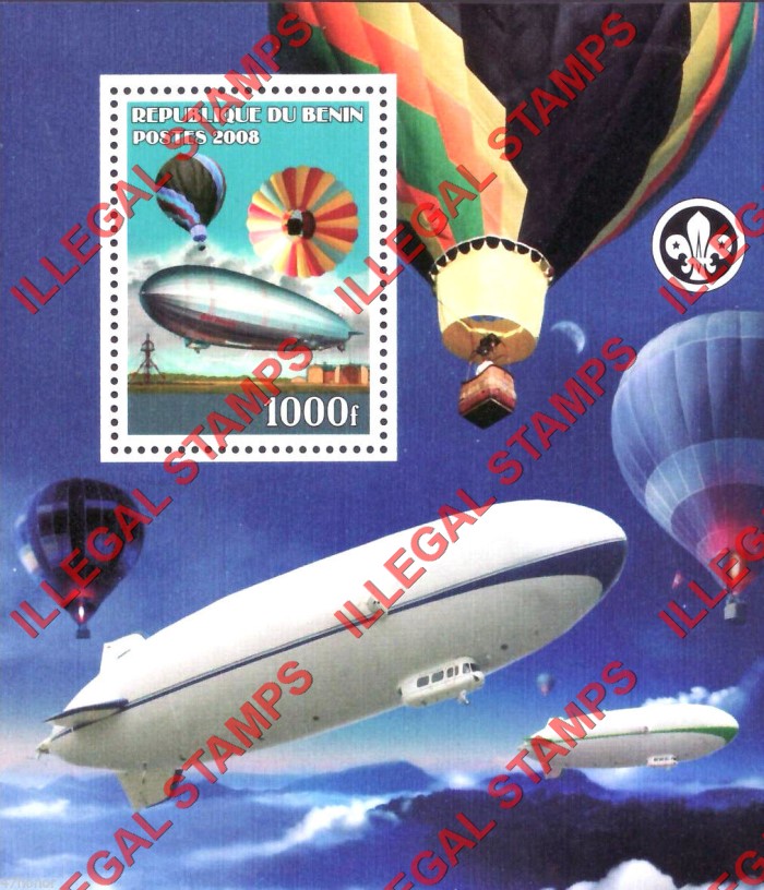 Benin 2008 Zeppelins and Hot Air Balloons Illegal Stamp Souvenir Sheet of 1 Benin 2008 Zeppelins and Hot Air Balloons Illegal Stamp Souvenir Sheet of 1