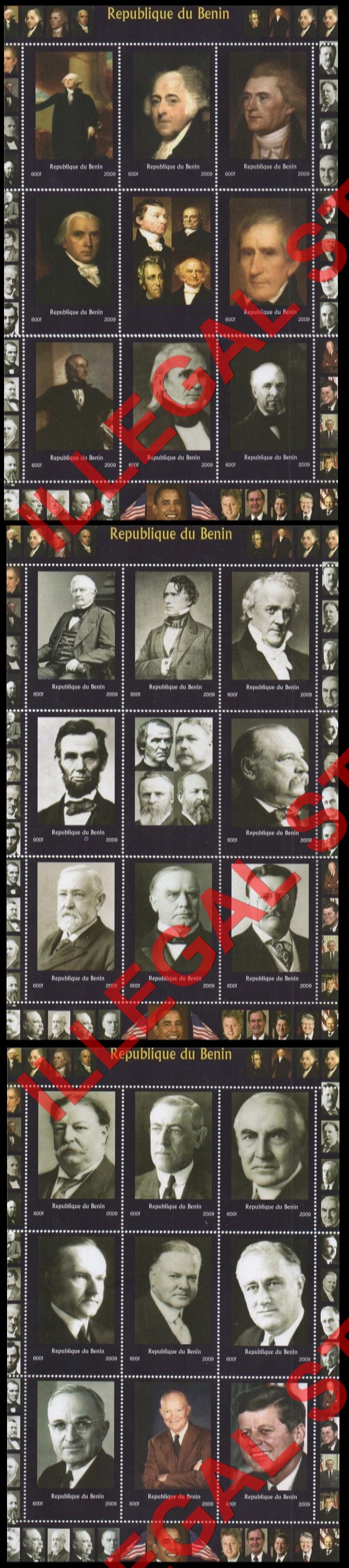 Benin 2009 American Presidents Illegal Stamp Sheetlets of 9 (Part 1) Benin 2009 American Presidents Illegal Stamp Sheetlets of 9 (Part 1)