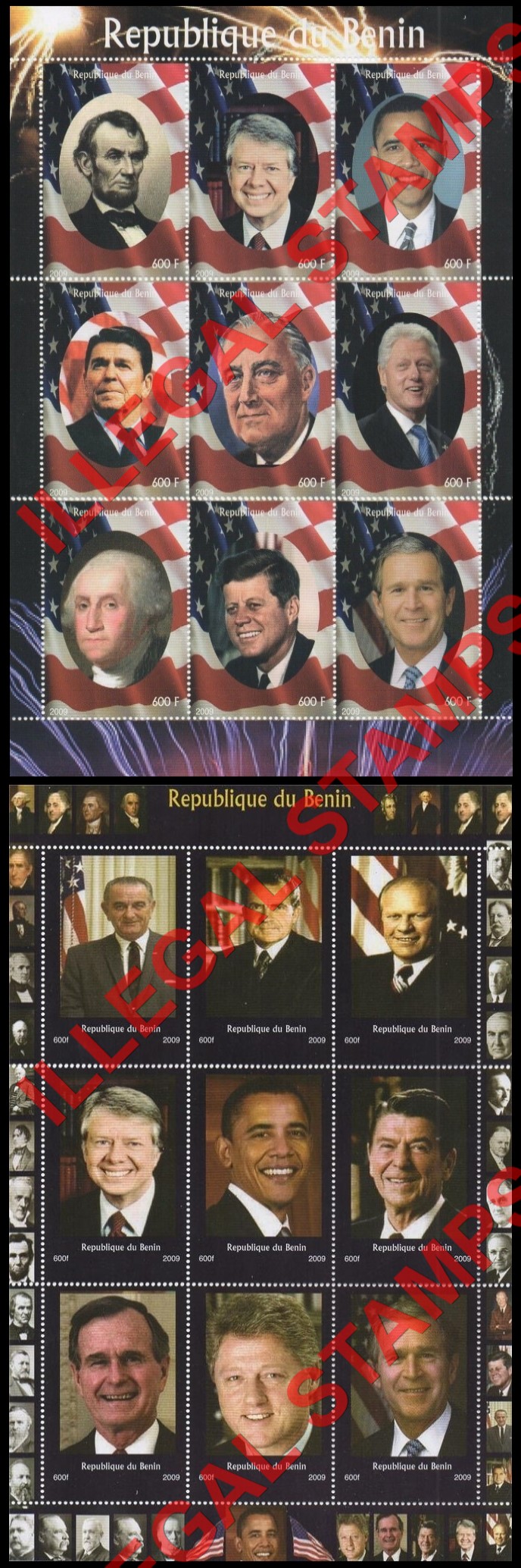 Benin 2009 American Presidents Illegal Stamp Sheetlets of 9 (Part 2) Benin 2009 American Presidents Illegal Stamp Sheetlets of 9 (Part 2)