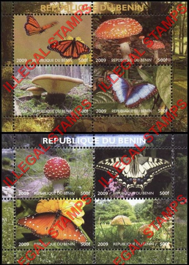 Benin 2009 Butterflies and Mushrooms Illegal Stamp Souvenir Sheets of 4 Benin 2009 Butterflies and Mushrooms Illegal Stamp Souvenir Sheets of 4