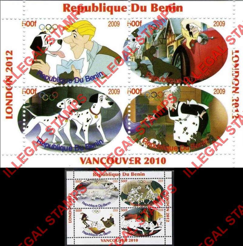 Benin 2009 Dalmations Illegal Stamp Souvenir Sheets of 4 Benin 2009 Dalmations Illegal Stamp Souvenir Sheets of 4