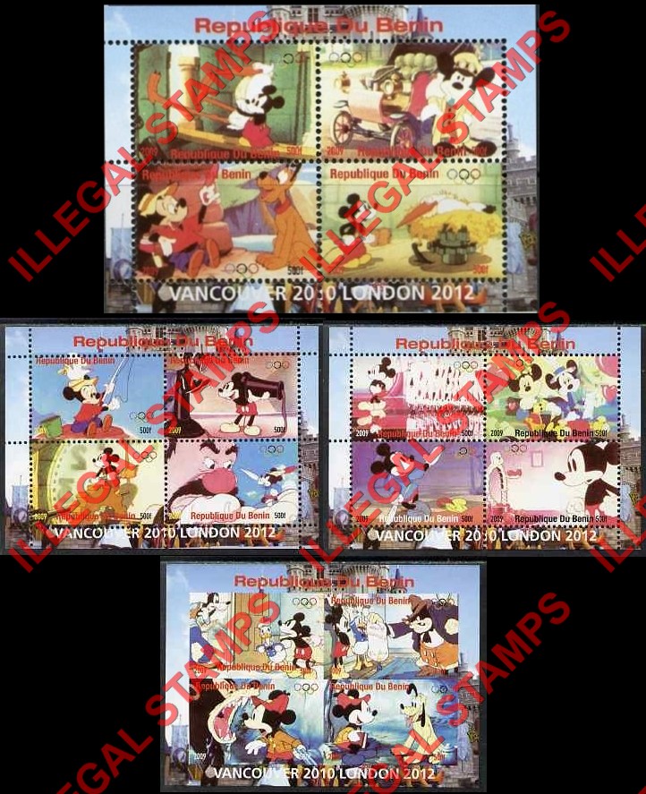 Benin 2009 Disney Mickey Mouse Illegal Stamp Souvenir Sheets of 4 Benin 2009 Disney Mickey Mouse Illegal Stamp Souvenir Sheets of 4