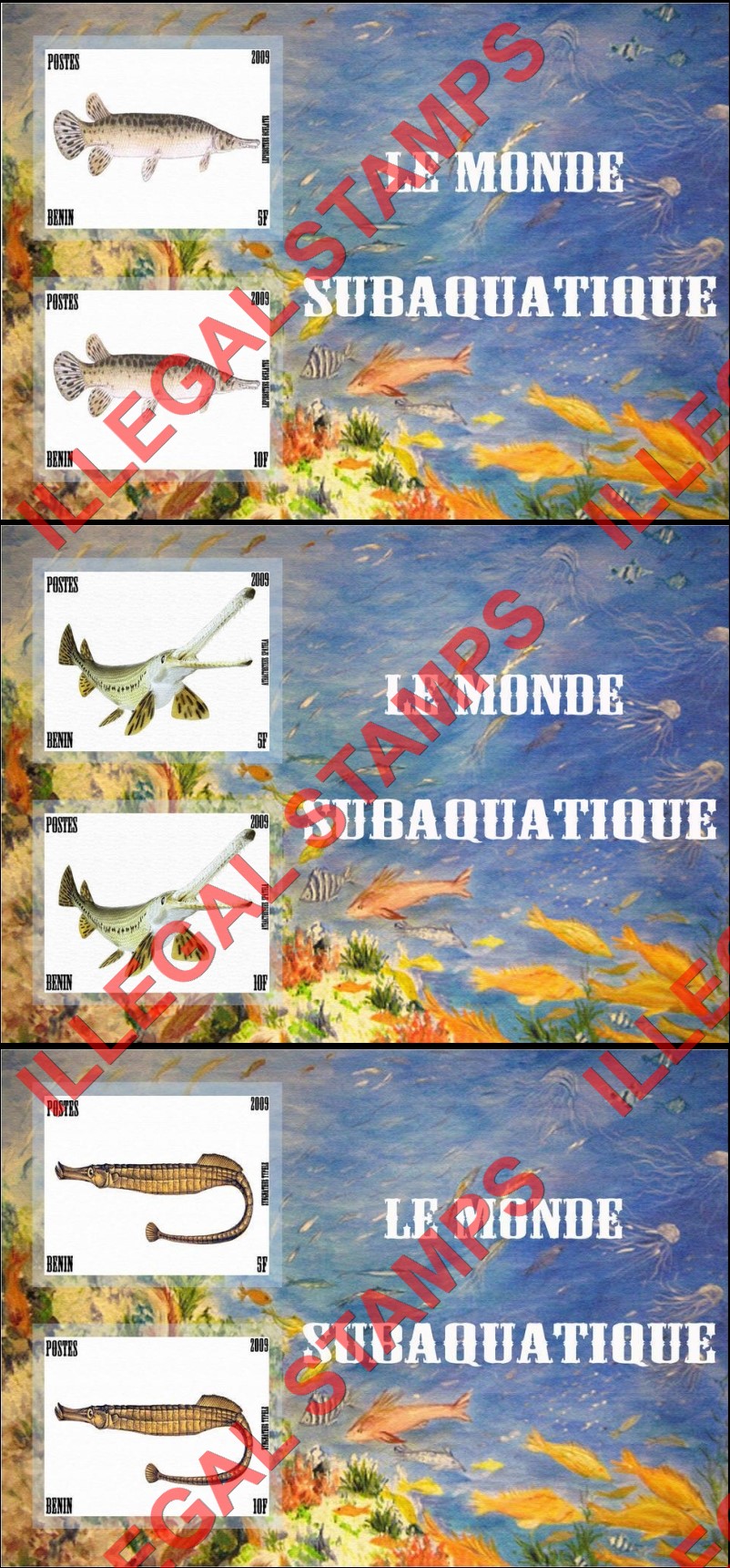 Benin 2009 Fish Illegal Stamp Souvenir Sheets of 2 (Part 1) Benin 2009 Fish Illegal Stamp Souvenir Sheets of 2 (Part 1)