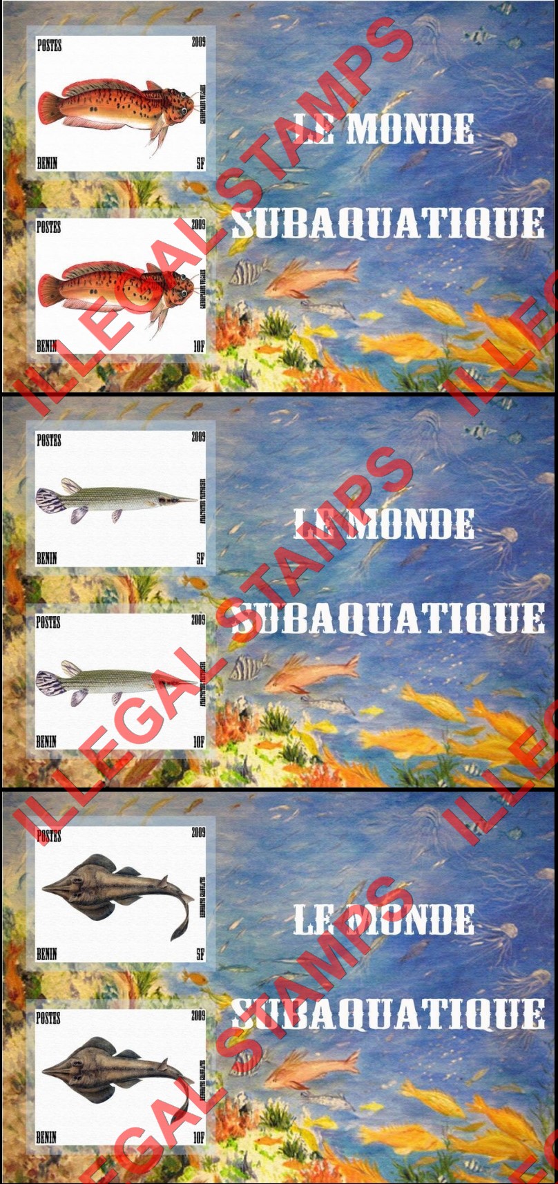 Benin 2009 Fish Illegal Stamp Souvenir Sheets of 2 (Part 2) Benin 2009 Fish Illegal Stamp Souvenir Sheets of 2 (Part 2)