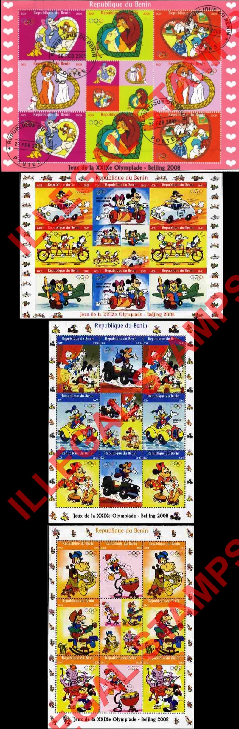 Benin 2009 Olympic Games Disney Cartoons Illegal Stamp Sheetlets of 9 Benin 2009 Olympic Games Disney Cartoons Illegal Stamp Sheetlets of 9
