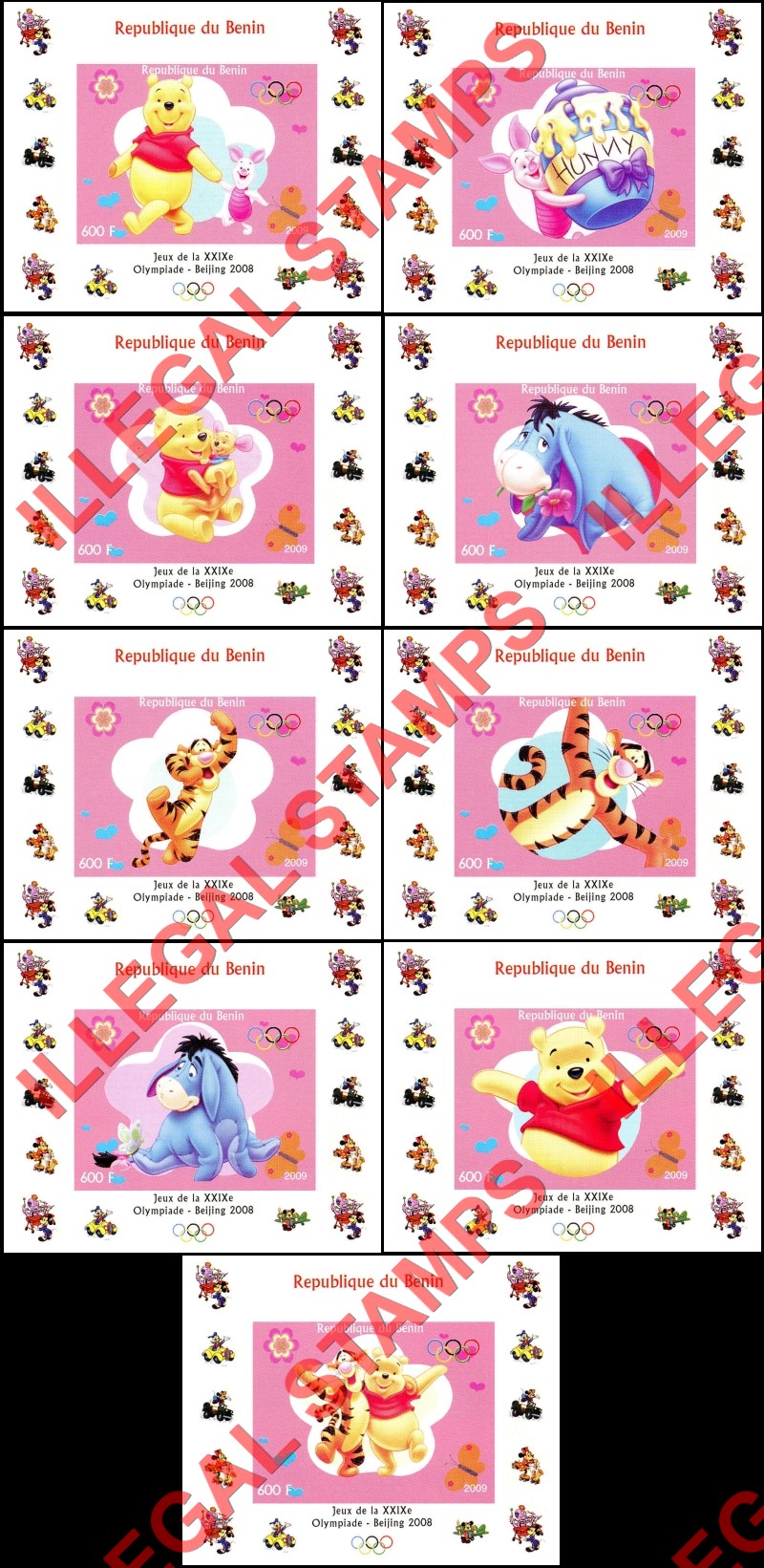 Benin 2009 Olympic Games Whinnie the Pooh Illegal Stamp Deluxe Souvenir Sheets of 1 Benin 2009 Olympic Games Whinnie the Pooh Illegal Stamp Deluxe Souvenir Sheets of 1