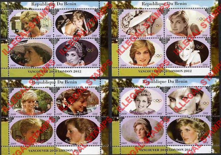 Benin 2009 Princess Diana Illegal Stamp Souvenir Sheets of 4 Benin 2009 Princess Diana Illegal Stamp Souvenir Sheets of 4