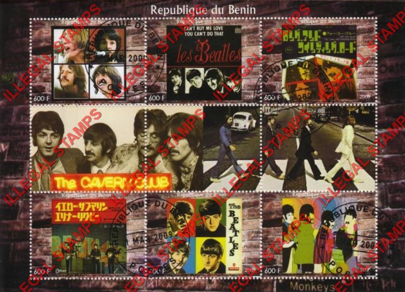 Benin 2009 The Beatles Illegal Stamp Sheetlet of 9 Benin 2009 The Beatles Illegal Stamp Sheetlet of 9