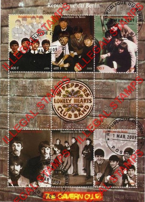 Benin 2009 The Beatles Illegal Stamp Sheetlet of 6 Benin 2009 The Beatles Illegal Stamp Sheetlet of 6