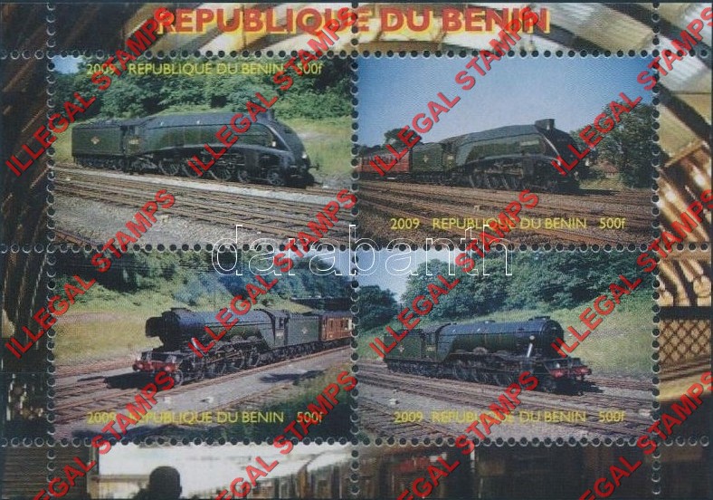 Benin 2009 Trains Illegal Stamp Souvenir Sheet of 4 Benin 2009 Trains Illegal Stamp Souvenir Sheet of 4