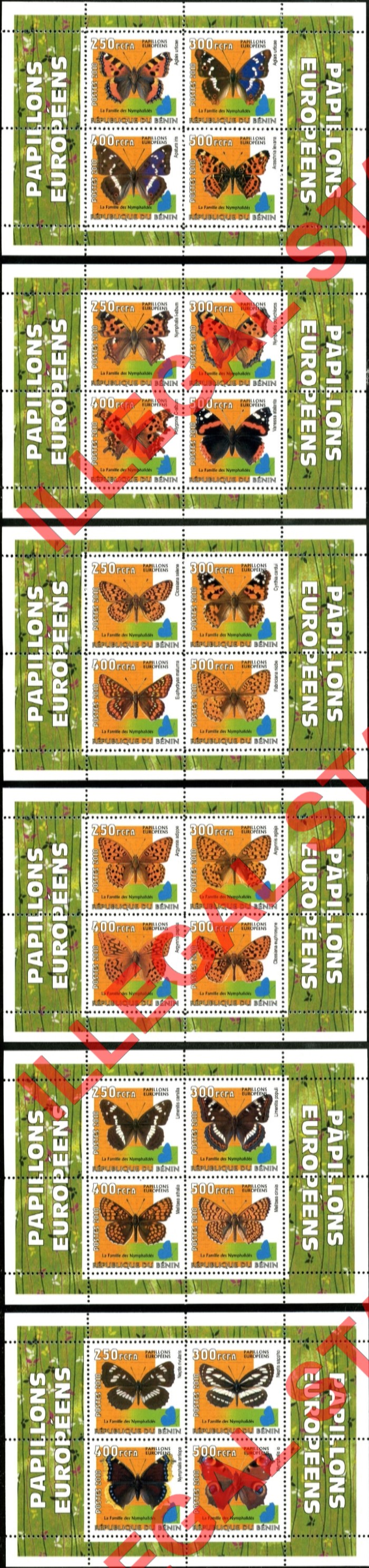Benin 2010 Butterflies Illegal Stamp Souvenir Sheets of 4 Benin 2010 Butterflies Illegal Stamp Souvenir Sheets of 4