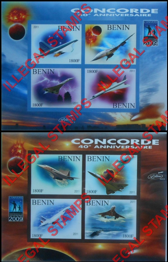 Benin 2011 Concorde Illegal Stamp Souvenir Sheets of 4 Benin 2011 Concorde Illegal Stamp Souvenir Sheets of 4
