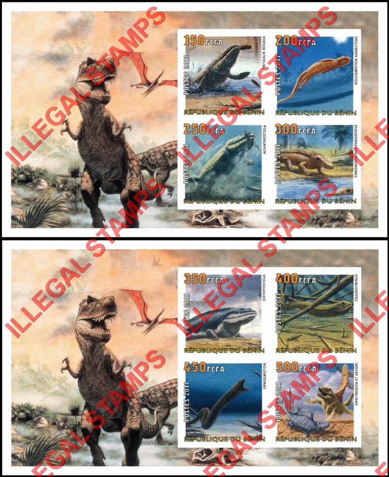 Benin 2011 Dinosaurs Illegal Stamp Souvenir Sheets of 4 Benin 2011 Dinosaurs Illegal Stamp Souvenir Sheets of 4
