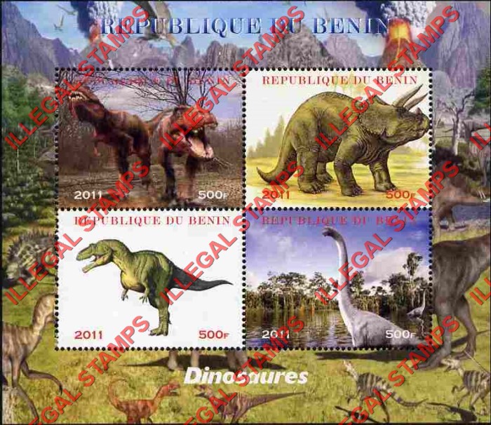 Benin 2011 Dinosaurs Illegal Stamp Souvenir Sheet of 4 (different) Benin 2011 Dinosaurs Illegal Stamp Souvenir Sheet of 4 (different)