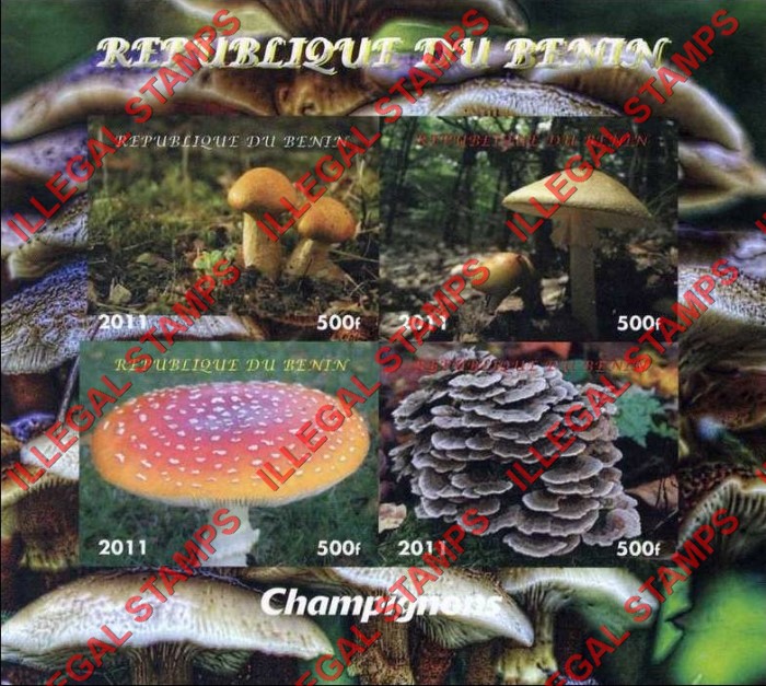 Benin 2011 Mushrooms Illegal Stamp Souvenir Sheet of 4 Benin 2011 Mushrooms Illegal Stamp Souvenir Sheet of 4