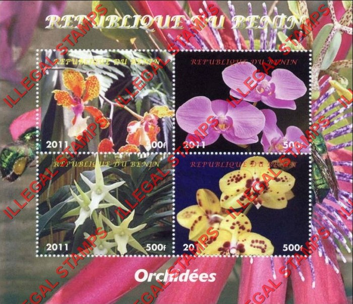 Benin 2011 Orchids Illegal Stamp Souvenir Sheet of 4 Benin 2011 Orchids Illegal Stamp Souvenir Sheet of 4