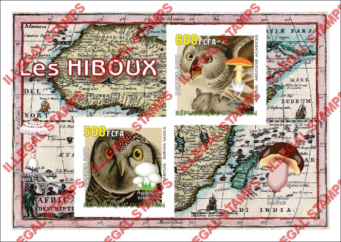 Benin 2011 Owls Illegal Stamp Souvenir Sheet of 2 Benin 2011 Owls Illegal Stamp Souvenir Sheet of 2