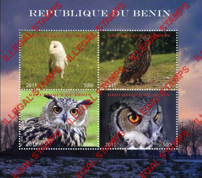 Benin 2011 Owls Illegal Stamp Souvenir Sheet of 4 Benin 2011 Owls Illegal Stamp Souvenir Sheet of 4