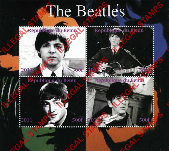 Benin 2011 The Beatles Illegal Stamp Souvenir Sheet of 4 Benin 2011 The Beatles Illegal Stamp Souvenir Sheet of 4