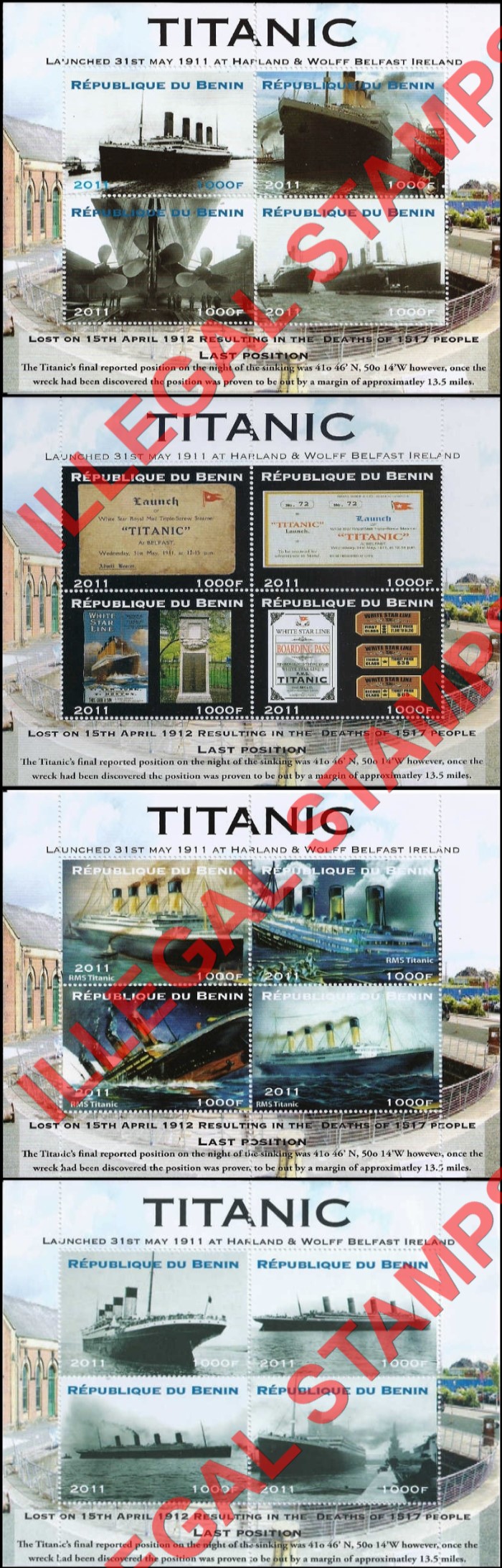 Benin 2011 Titanic Illegal Stamp Souvenir Sheets of 4 Benin 2011 Titanic Illegal Stamp Souvenir Sheets of 4