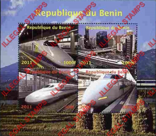 Benin 2011 Trains Illegal Stamp Souvenir Sheet of 4 Benin 2011 Trains Illegal Stamp Souvenir Sheet of 4