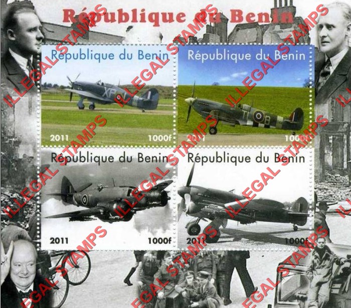 Benin 2011 World War II Fighter Aircraft Illegal Stamp Souvenir Sheet of 4 Benin 2011 World War II Fighter Aircraft Illegal Stamp Souvenir Sheet of 4