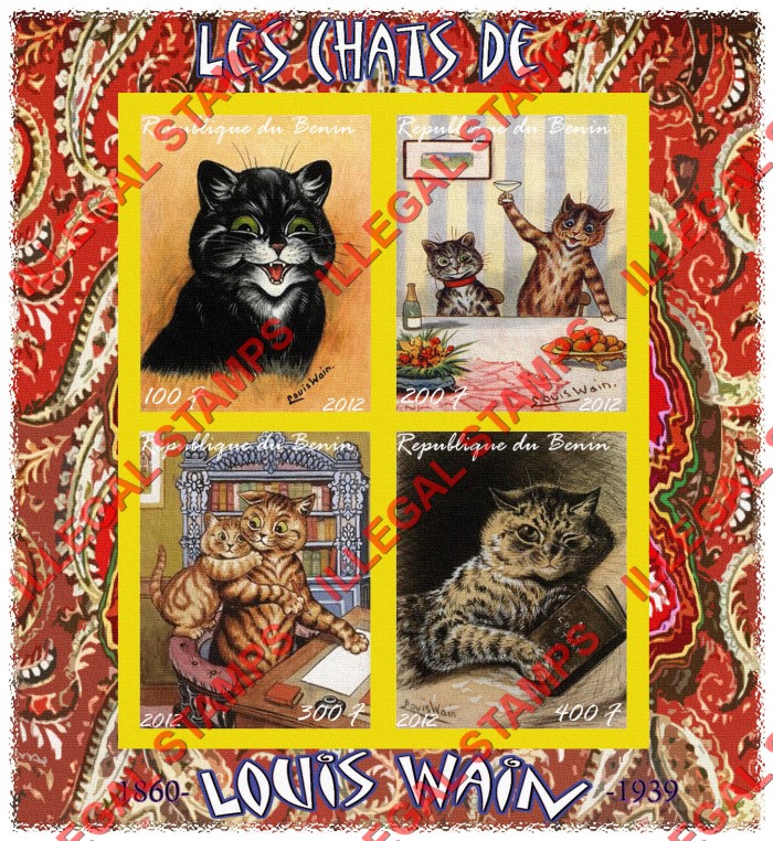 Benin 2012 Cats Paintings by Louis Wain Illegal Stamp Souvenir Sheet of 4 Benin 2012 Cats Paintings by Louis Wain Illegal Stamp Souvenir Sheet of 4