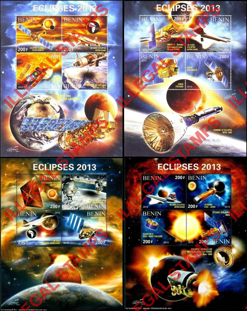 Benin 2013 Eclipses Space Illegal Stamp Souvenir Sheets of 4 Benin 2013 Eclipses Space Illegal Stamp Souvenir Sheets of 4
