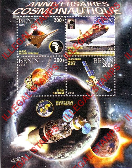 Benin 2013 Space Cosmonautics Anniversaries Illegal Stamp Souvenir Sheet of 4 Benin 2013 Space Cosmonautics Anniversaries Illegal Stamp Souvenir Sheet of 4
